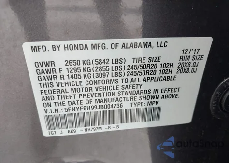 2018 Honda Pilot Touring from USA, damaged, VIN 5FNYF6H99JB004736